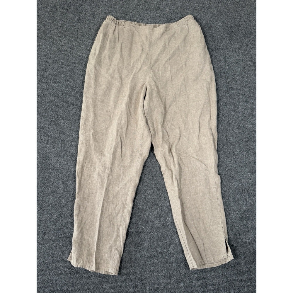 FLAX Womens Small 100% Linen Pants Beige Elastic Waist Tapered Leg
